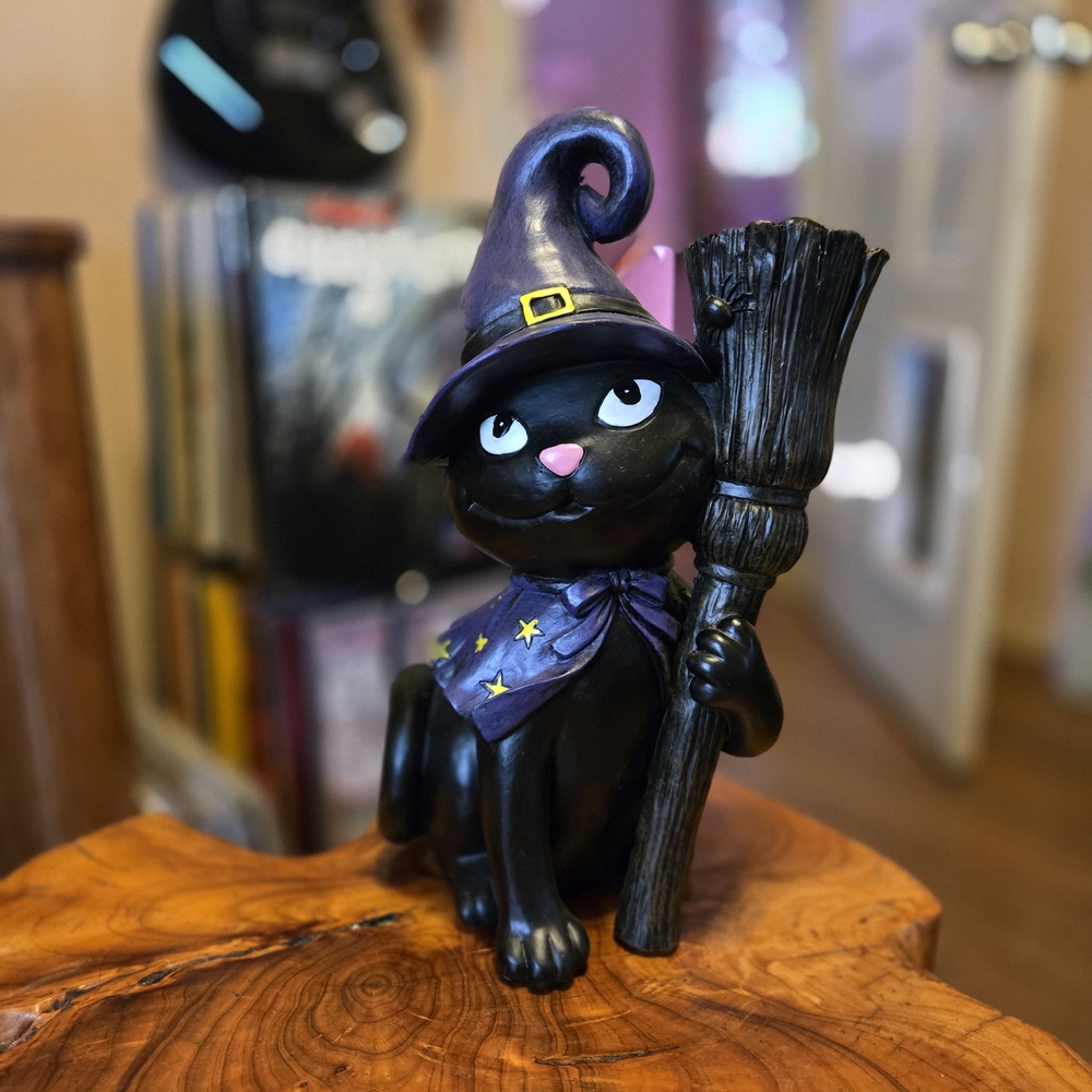 Halloween Decor Black Cat Witch Figurine with Broom